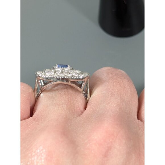 Edwardian Style Blue Rhinestone Square Pave Cocktail Ring Size 9 Statement Silve - Picture 9 of 10